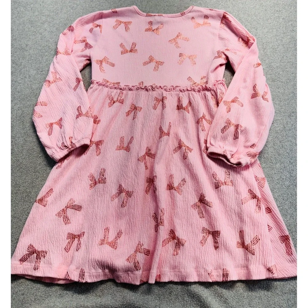 Crewcuts J Crew Girls Size 8 Pink Metallic Bow Print Long Sleeve Dress School